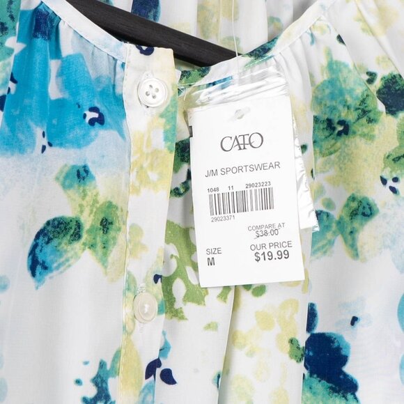 Cato Floral Blouse M Womens New Print Button Up Tie 3/4 Sleeve White Blue Green - Picture 6 of 7